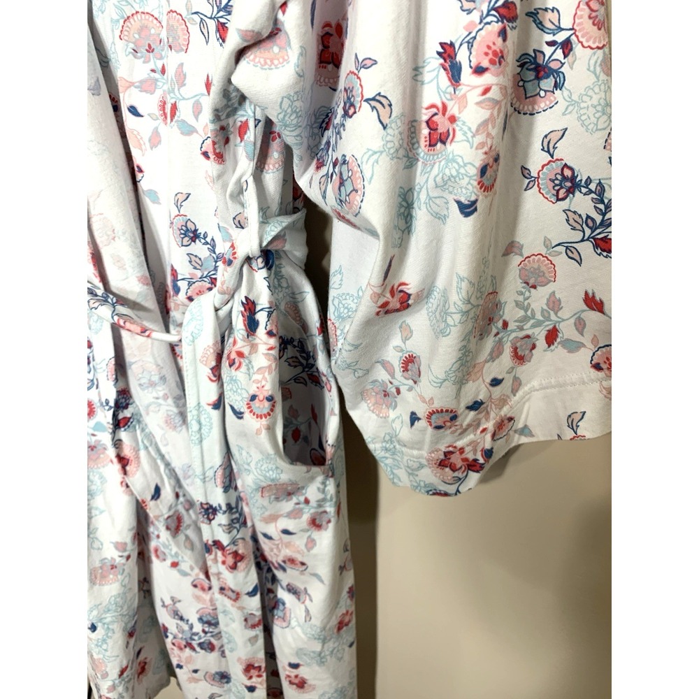 Garnet Hill Robe Womens XL White Pink Floral 100% "Green Cotton" Long Pockets - Picture 6 of 14
